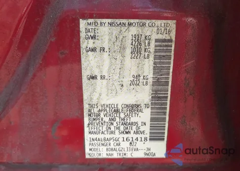 2016 Nissan Altima 2.5 S from USA, damaged, VIN 1N4AL3AP5GC161418